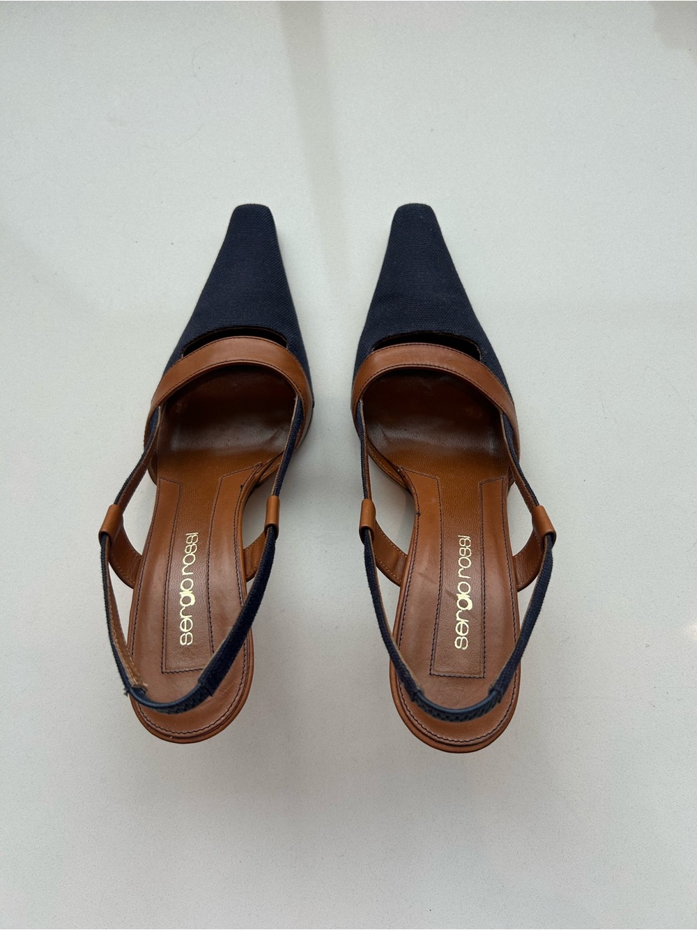 Blue Canvas and Leather Sling back heel - Picture 4 of 5